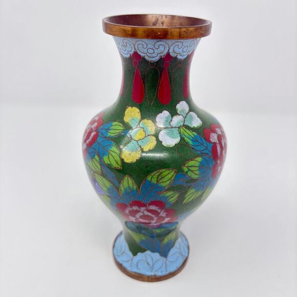 Antique Chinese Cloisonne Jade Green & Cobalt Blue Enameled 1920s Floral Vase - Picture 4 of 7